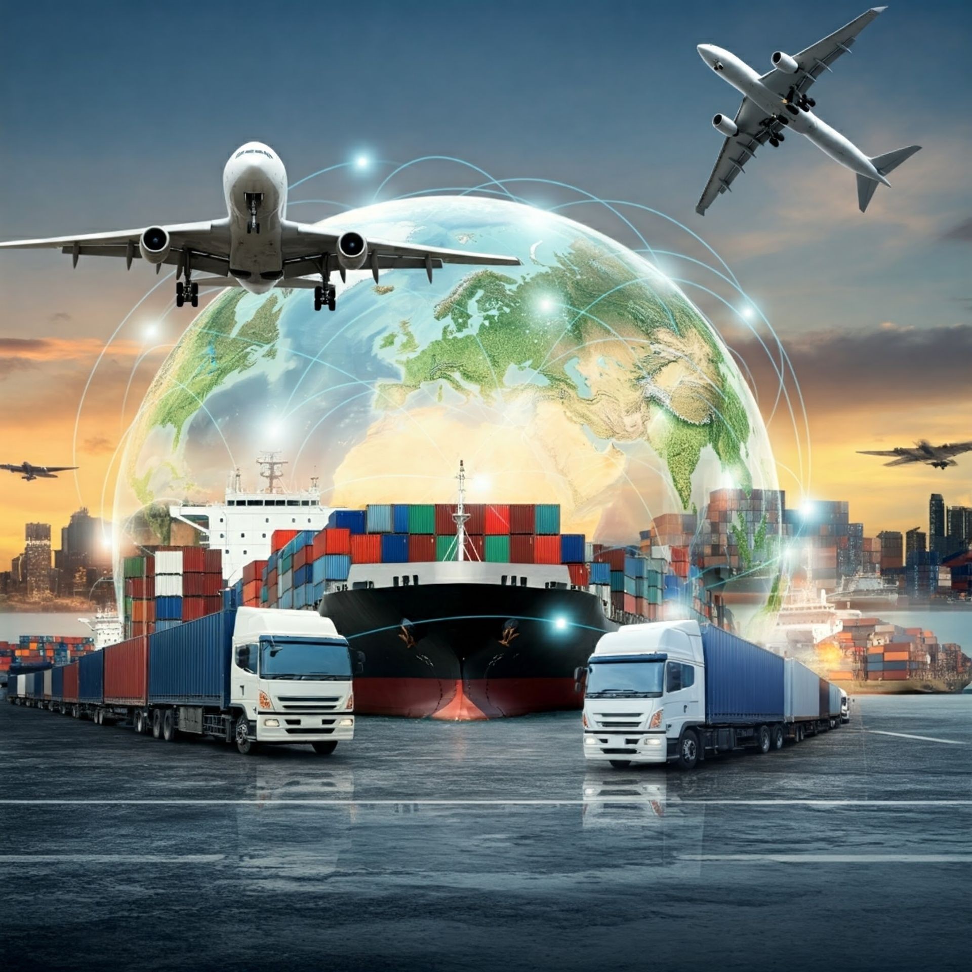 Global logistics concept with airplane, cargo ship, trucks, and globe representing worldwide shipping.