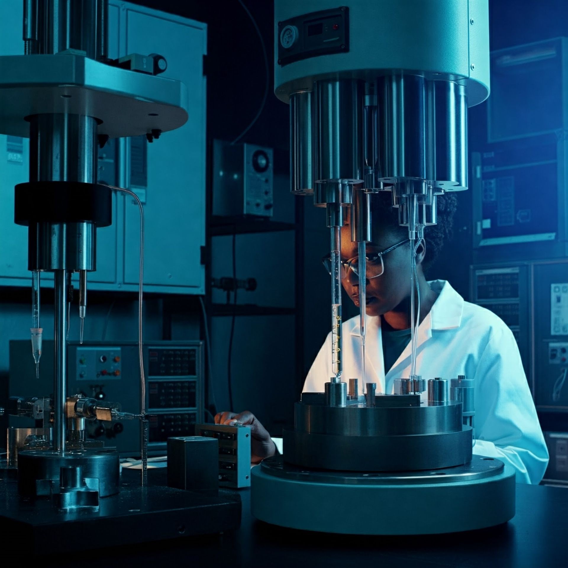 Scientist in a lab coat working with advanced machinery in a laboratory setting.