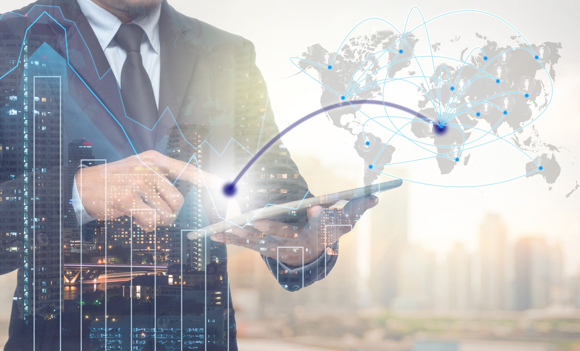 Double exposure of businessman using tablet for connection with cityscape and financial graph on blurred building background,Business Trading concept,Elements of this image furnished by NASA